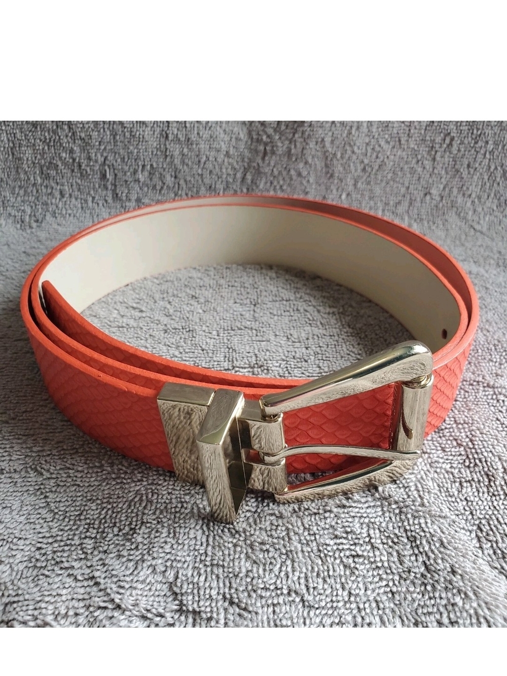 Nine West Belt Pumpkin Orange/Cream Faux Snakeskin Reversible Gold Buckle Size L
